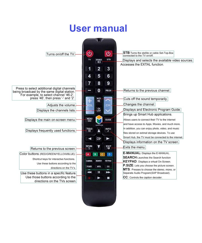 JustFine Replaced Remote Control Compatible for Samsung UN32H5201AF UN46H6201 UN55H6203 UN40H5203AF UN50H5203AF UN58J5190AF Smart LED HD TV - Image 3